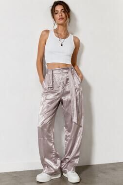 Saint Art Lance Zipper Pants baby pink satin cargo pants with belt